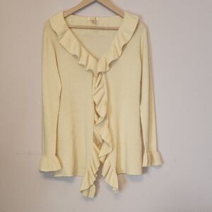 PINK PINEAPPLE Cashmere Ruffled Cream Cardigan, size S/M